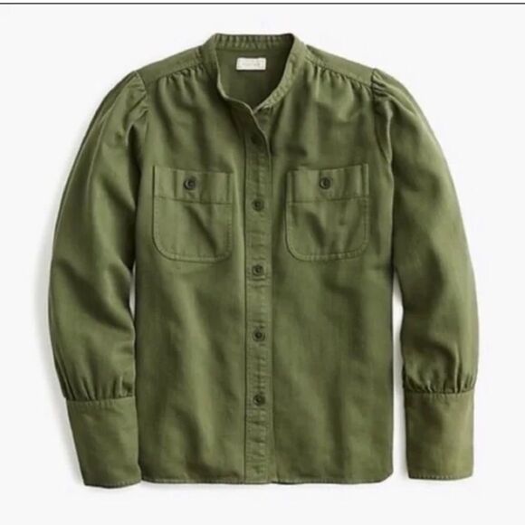 J. Crew Point Sur Olive Green puff sleeve Button Down Twill Shacket Blouse small - Picture 1 of 5